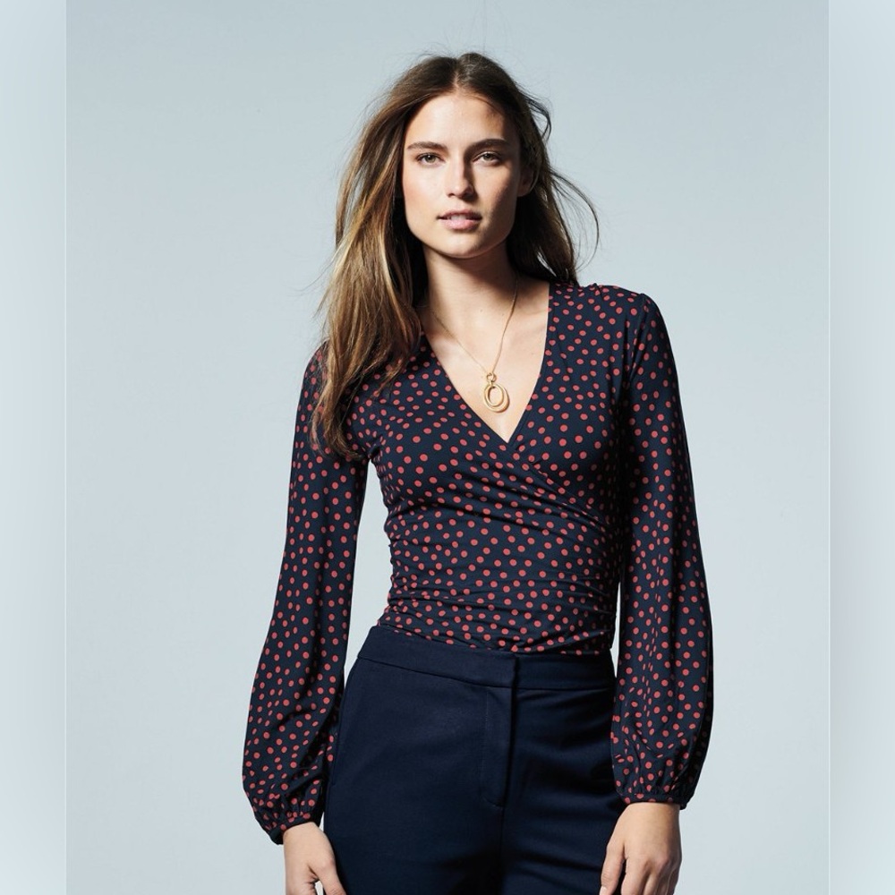 Boden Red and Navy Polka Dot Puff Sleeve Faux Wrap Blouse - Picture 5 of 7